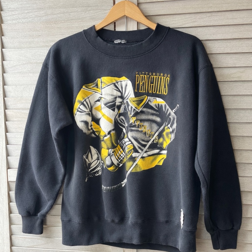 Vintage Pittsburgh Penguins Nutmeg Mills Crewneck Sweatshirt Black Yellow NHL